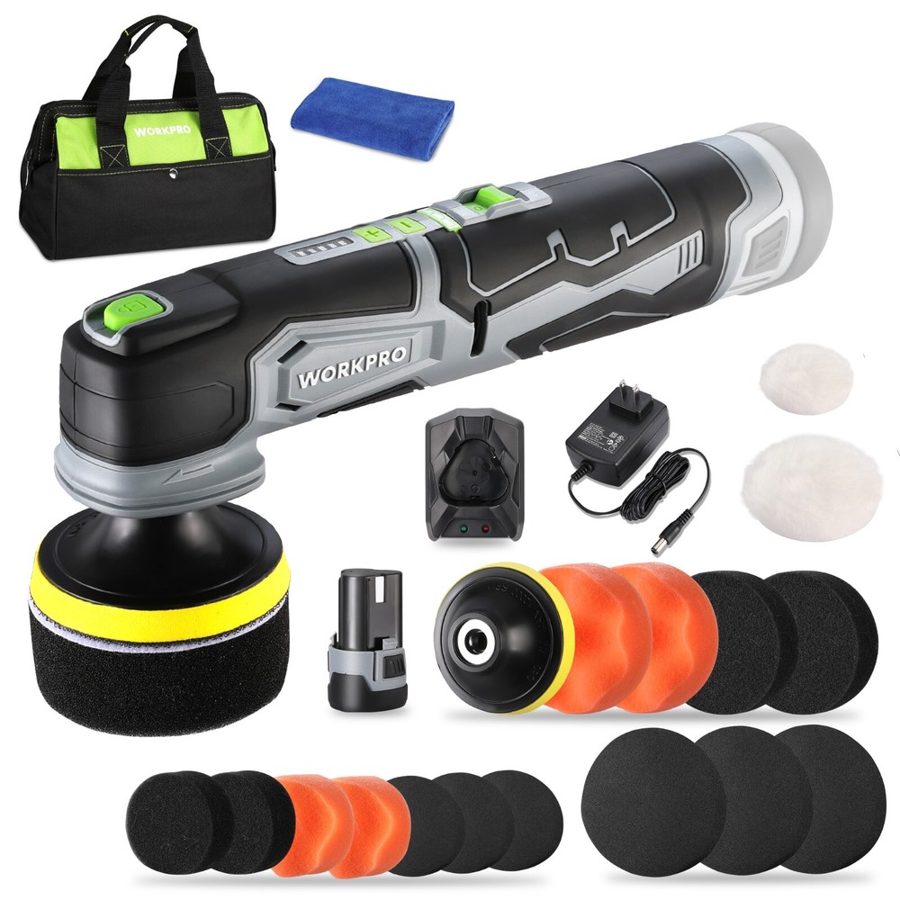 WORKPRO Cordless Mini Buffer Polisher 12V 5 Variable Speed Up to 3000RPM Battery