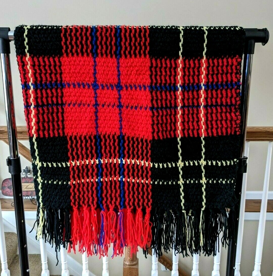 Handmade Knitted Crochet Blanket Throw Afghan Black Red 47 x 55 - 6 in Fringe gallery
