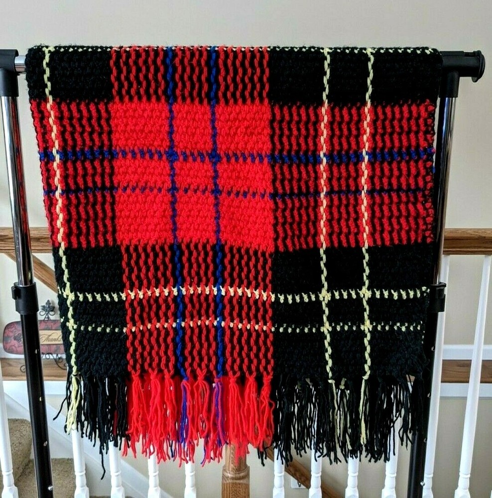 Handmade Knitted Crochet Blanket Throw Afghan Black Red 47 x 55 - 6 in Fringe