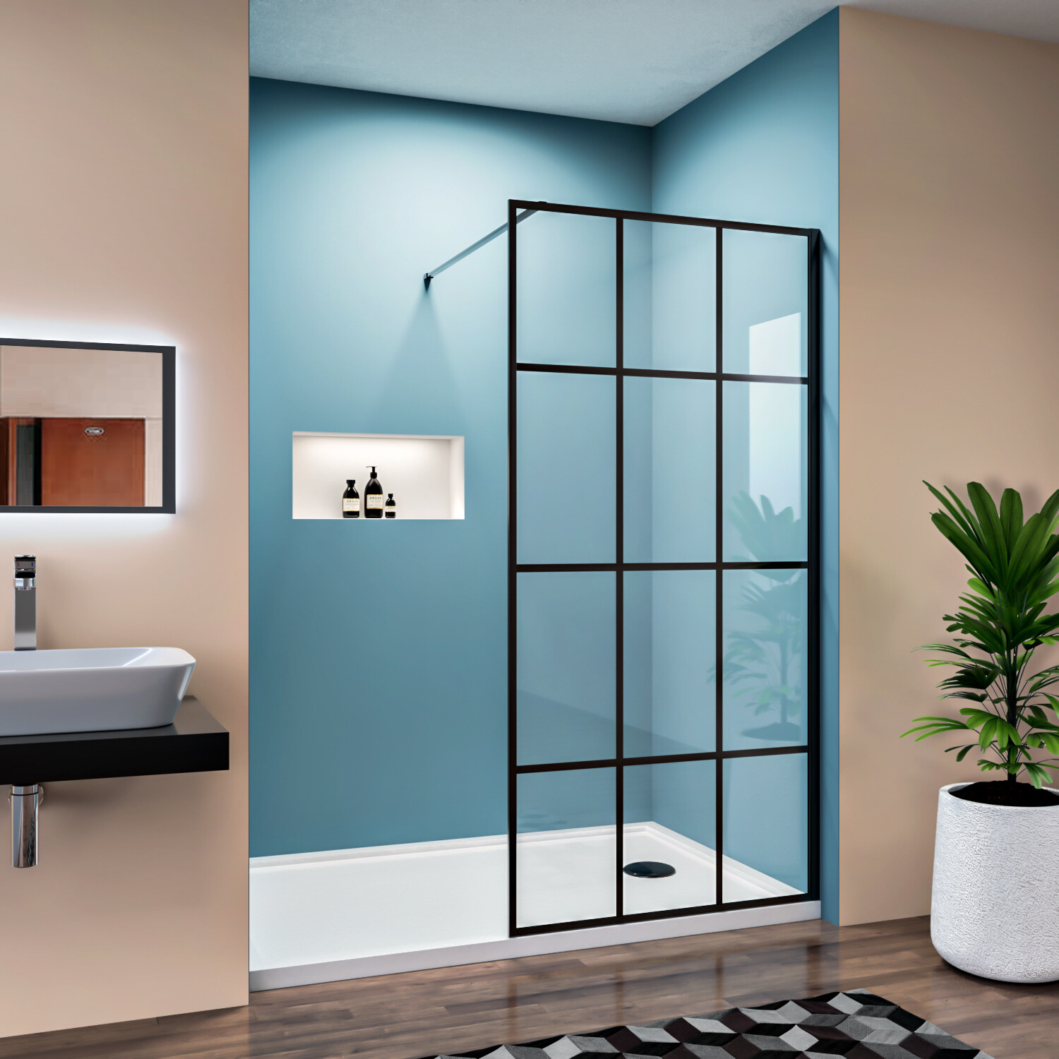 34" x 72" Fixed Walk-In Shower Door Black Grid Tempered Glass Panel Matte Black gallery