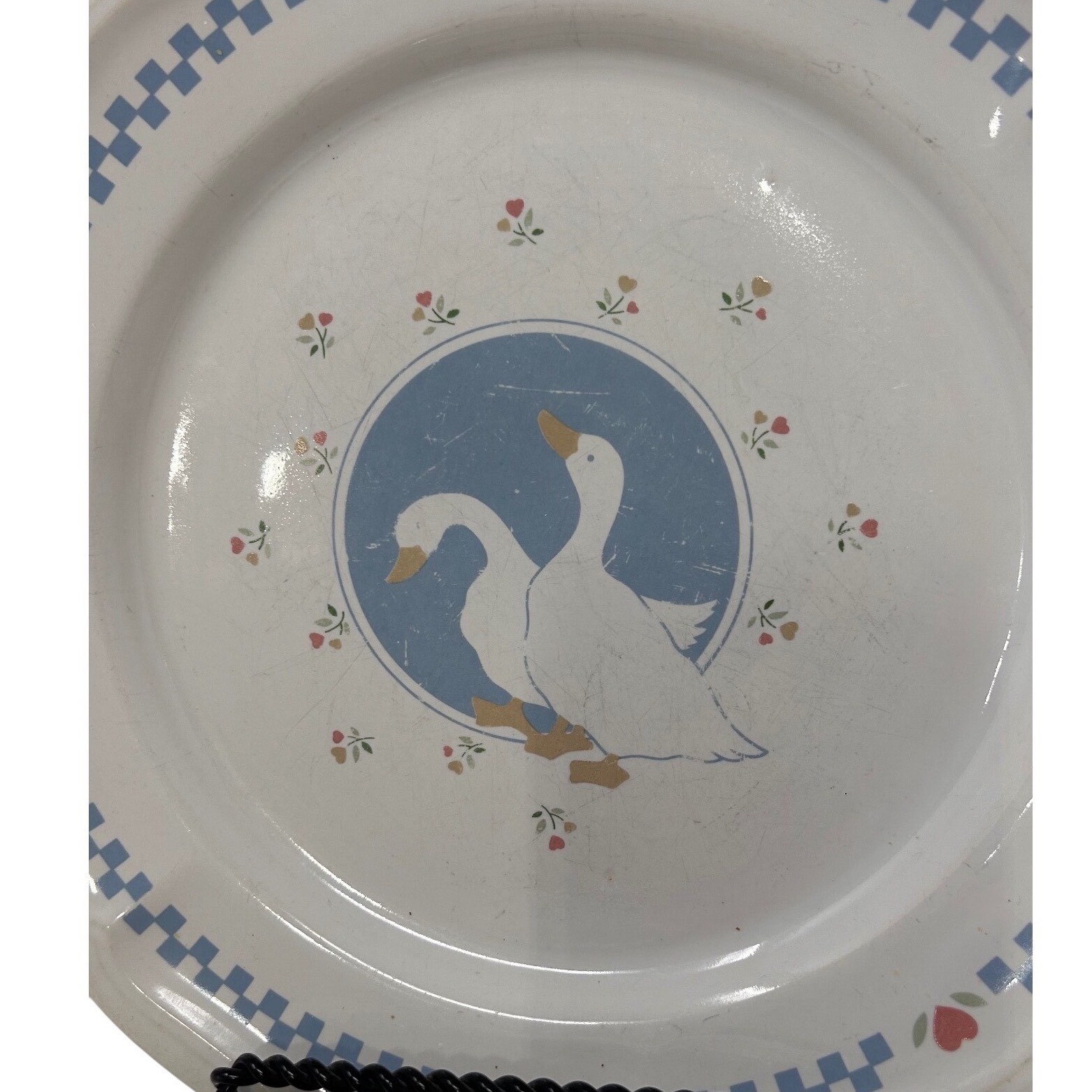 Vintage Moonlight Stoneware Geese Dinner Plates Blue Checkered Hearts Set of 4 gallery