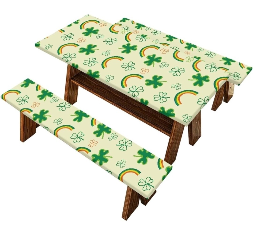 Picnic Table & Bench Cover Set Shamrock Rainbow Design Polyester Beige Green gallery