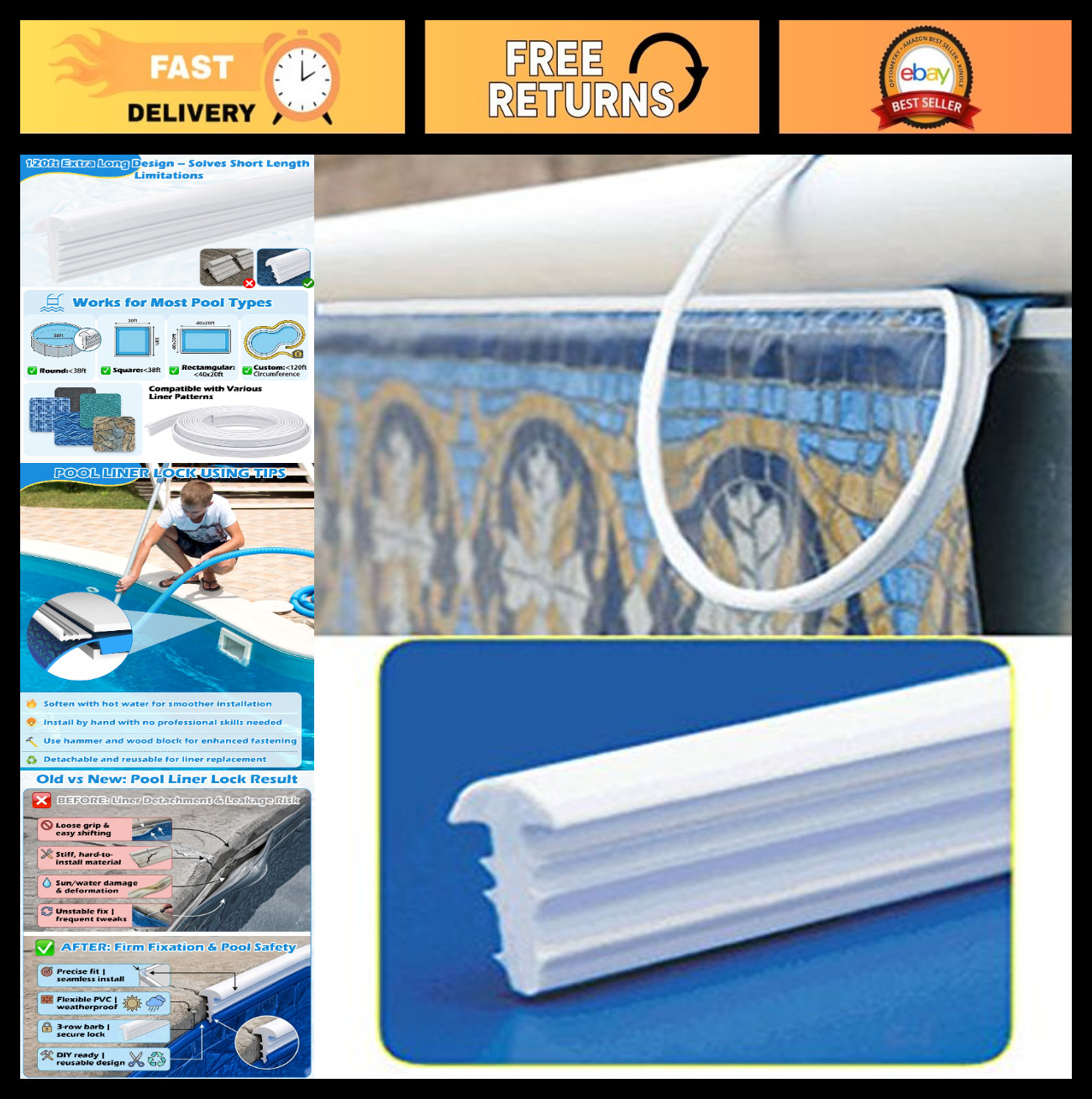 120ft Plastic Swimming Pool Liner Lock Beaded Wedge T-Shape - Durable & Easy Ins gallery