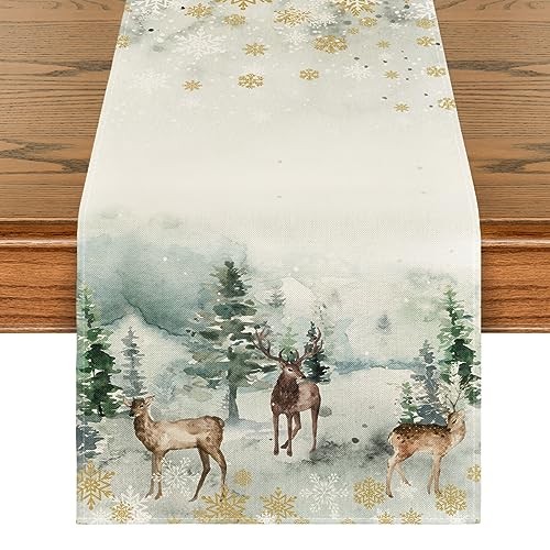 Watercolor Deer Trees Snowflakes Christmas Table 13" x 90", Table Runner Green gallery