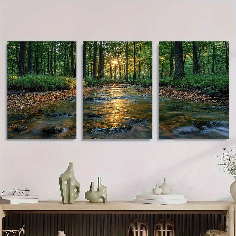 3pcs Serene Forest Stream Scene Metal Print Ready to Hang Art gallery