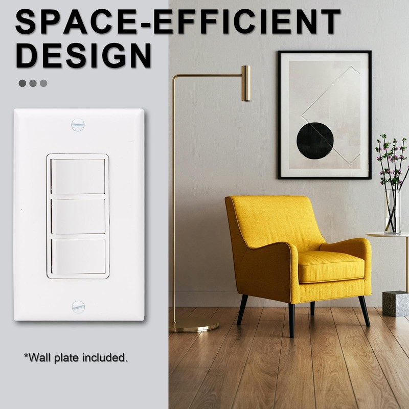 Triple Rocker Light Switch with Wall Plate, 15A 120V Single Pole, 3 Individua... gallery