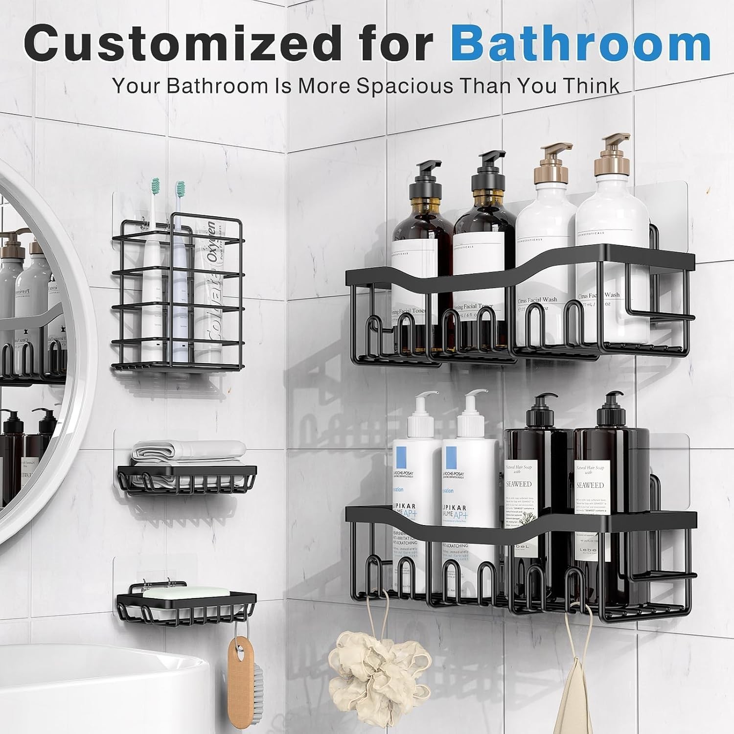 EUDELE ADHESIVE SHOWER CADDY, 5 PACK RUSTPROOF STAINLESS STEEL BATH ORGANIZERS gallery