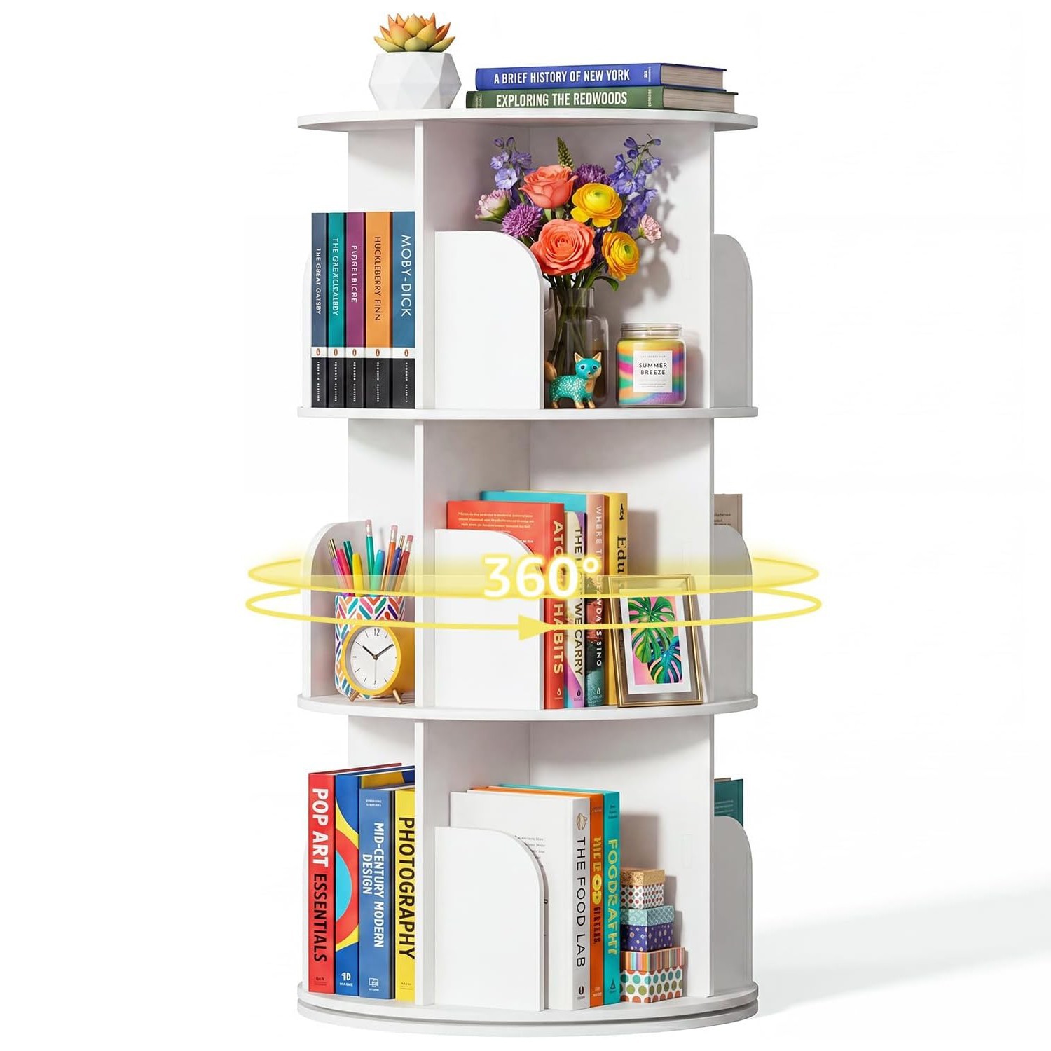 3/4/5 Tier 360° Spinning Bookshelf Display Tower for Small Space Corner Bookcase gallery