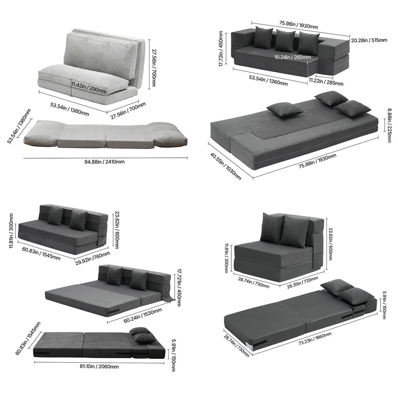 Folding Sofa Bed 3-in-1 Foldable Couch Bed with 2/3 Pillows/Washable Cover Grey gallery