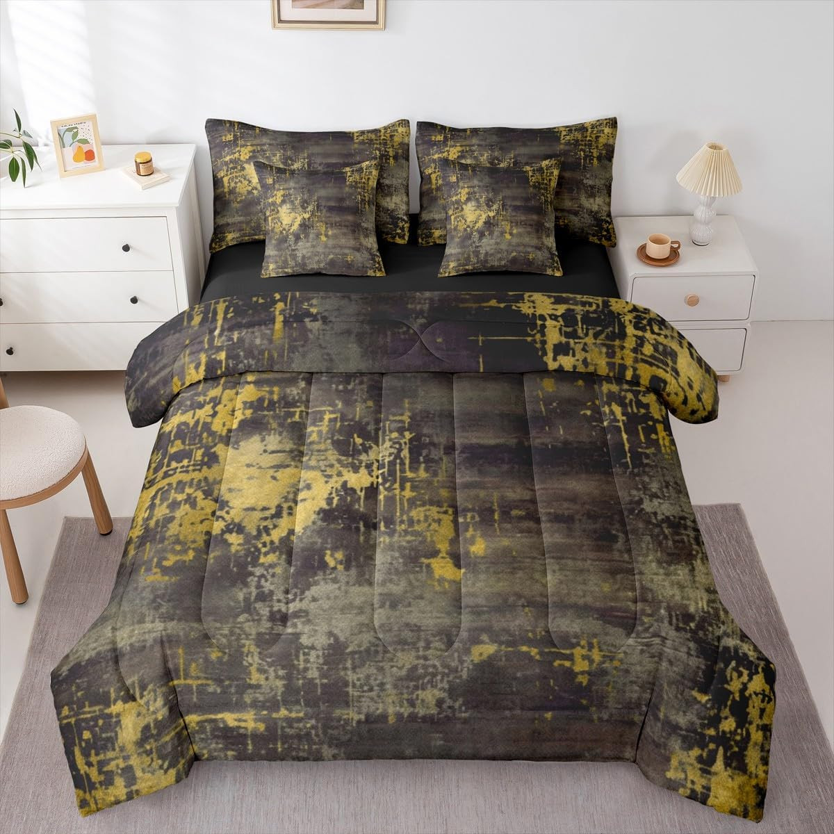 Modern Abstract Bed in a Bag King Comforter Set 7 Piece,Boho Yellow Grey Waterco gallery