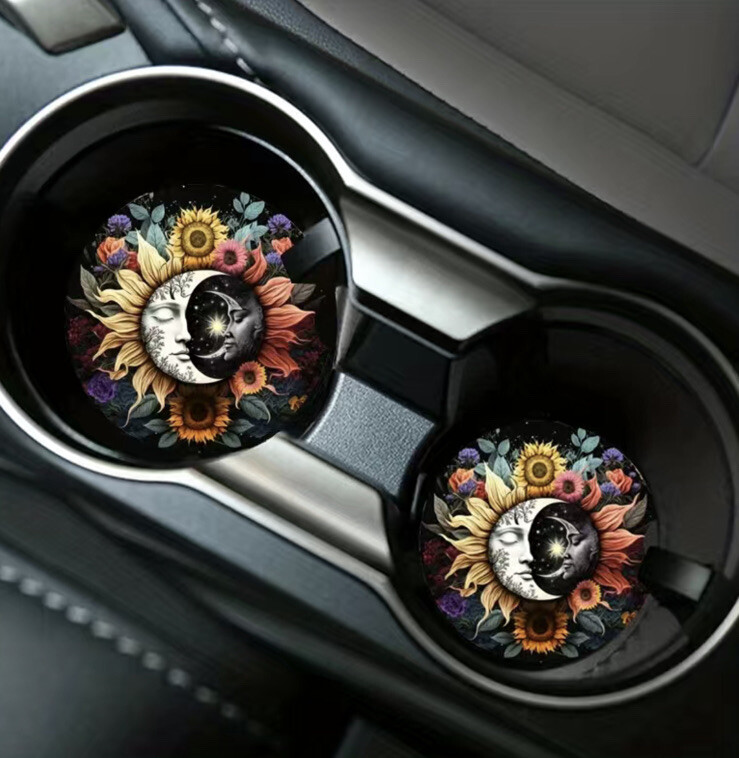 Sun and Moon Celestial Design Car Coasters 2 Pieces Durable Rubber Washable gallery