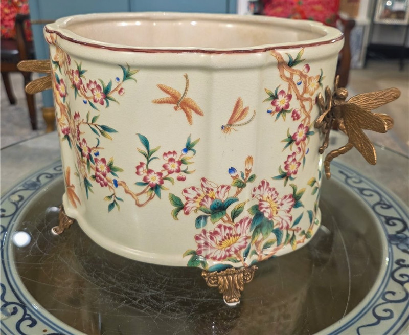 Porcelain Oval Planter with Ormolu Dragonfly Handles-Floral Vine-14'' x 8''H gallery