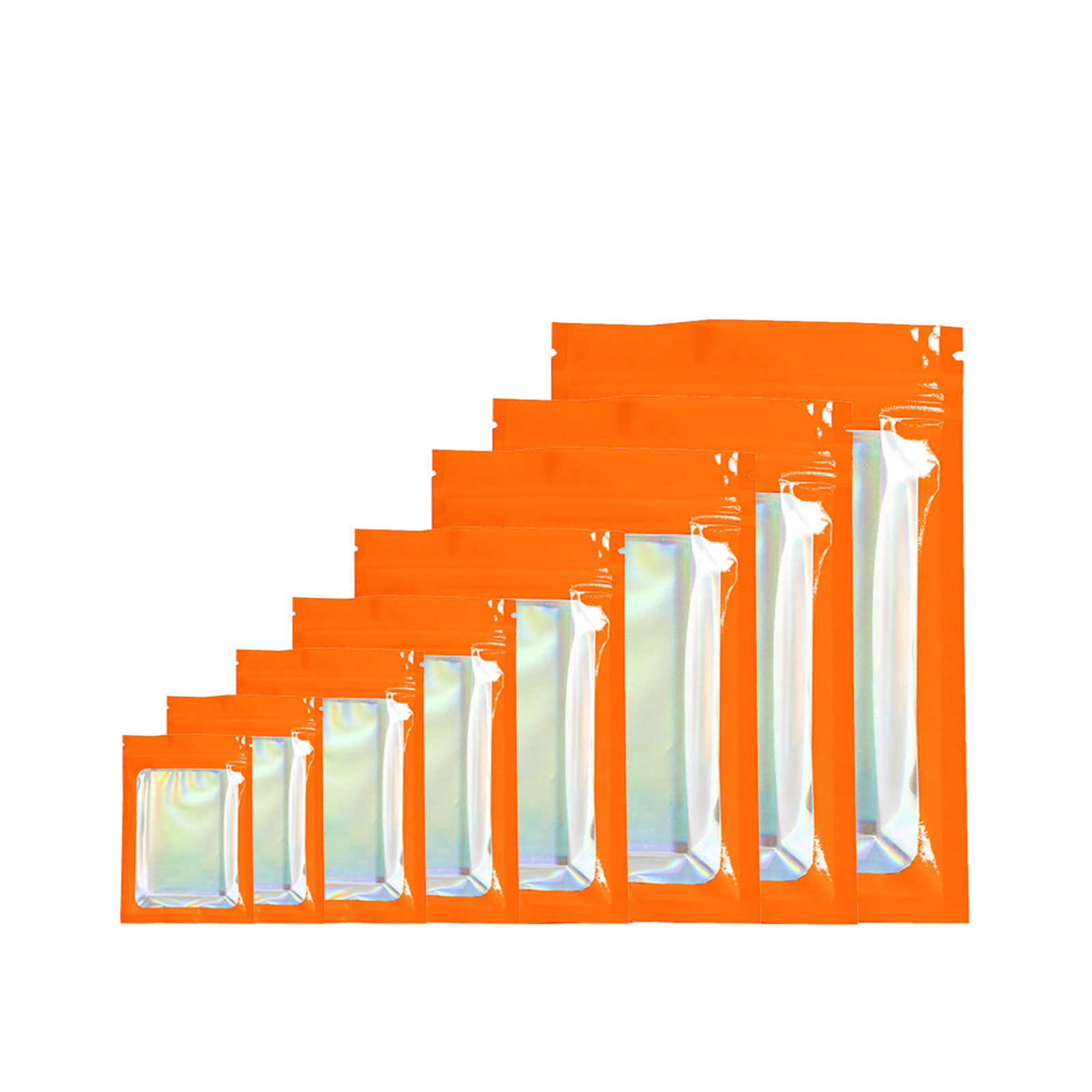 Holographic Orange Zipper Bags with Clear Window, Rainbow Mylar Foil Snack Bags gallery