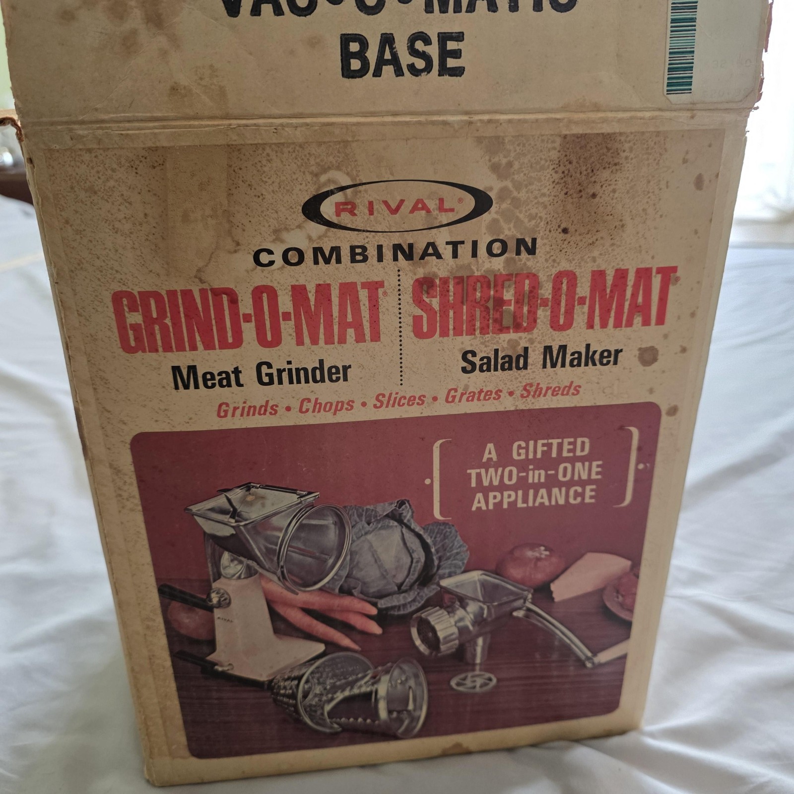 Vintage Rival Grind-O-Mat Shred-O-Mat Meat Grinder 395 W Manual Cones Set OG Box gallery