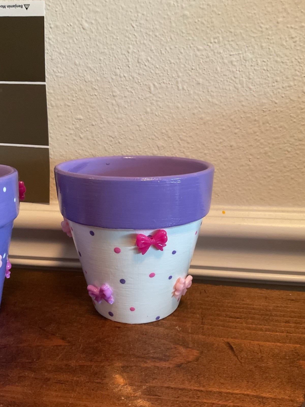Hand Painted 3D Bow Design Clay Pot For Indoor Use Only 3” Gloss Glaze Sealer gallery