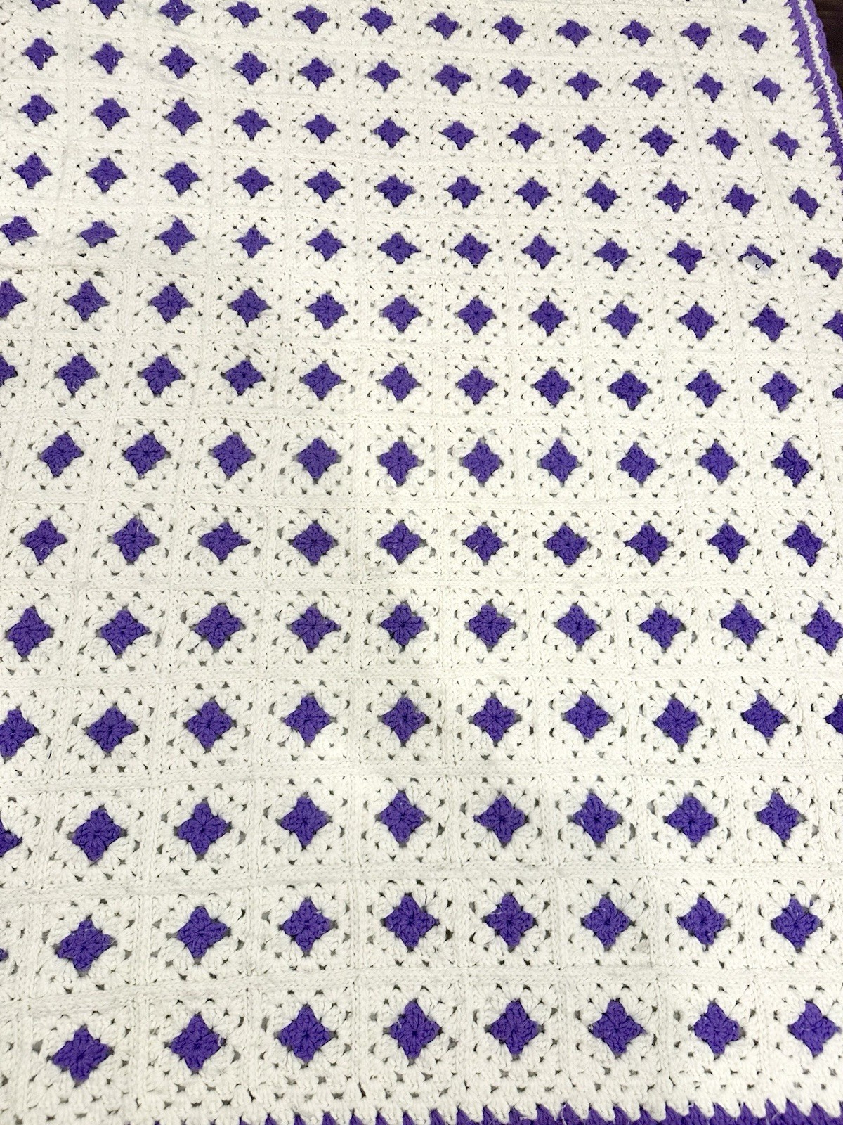 Handmade Crochet Granny Square Blanket Purple White 65x45 Throw Afghan gallery