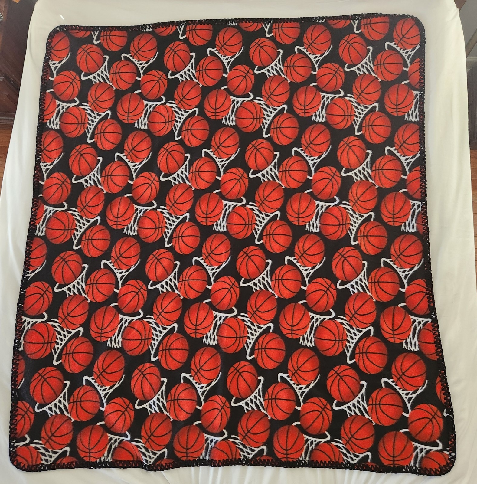 BASKETBALL Handmade Fleece Hand Crocheted Black Edge Blanket Throw NEW 50"×59" gallery