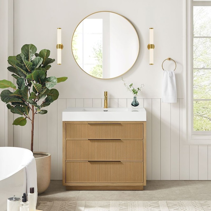 Hohhot 36" Single Bath Vanity in Washed Ash Grey with White Stone Top gallery