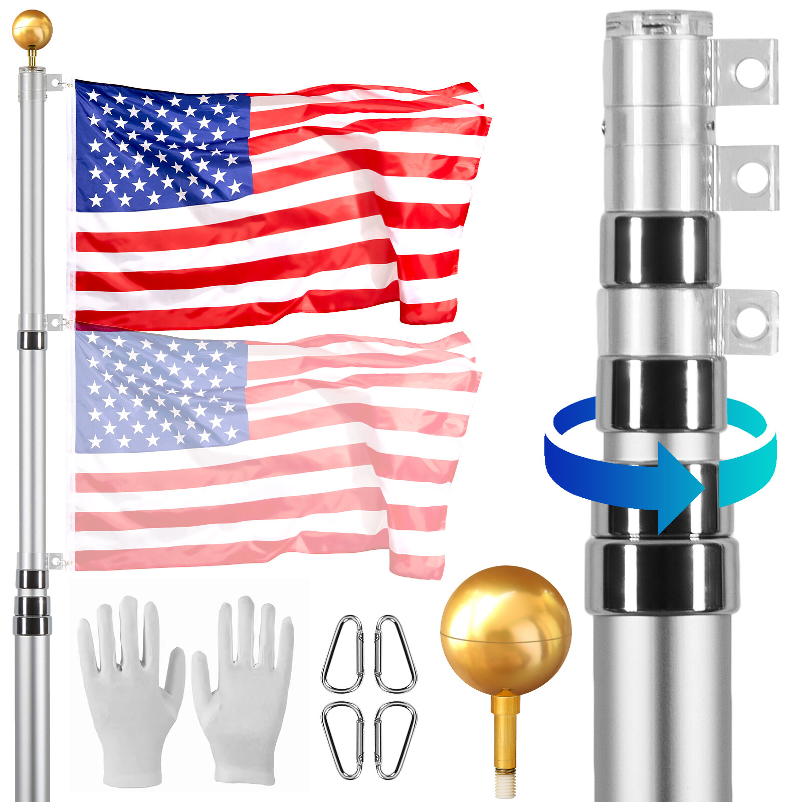 VEVOR 20FT Telescopic Flagpole Kit Heavy Duty Aluminum Flag Pole American Silver gallery
