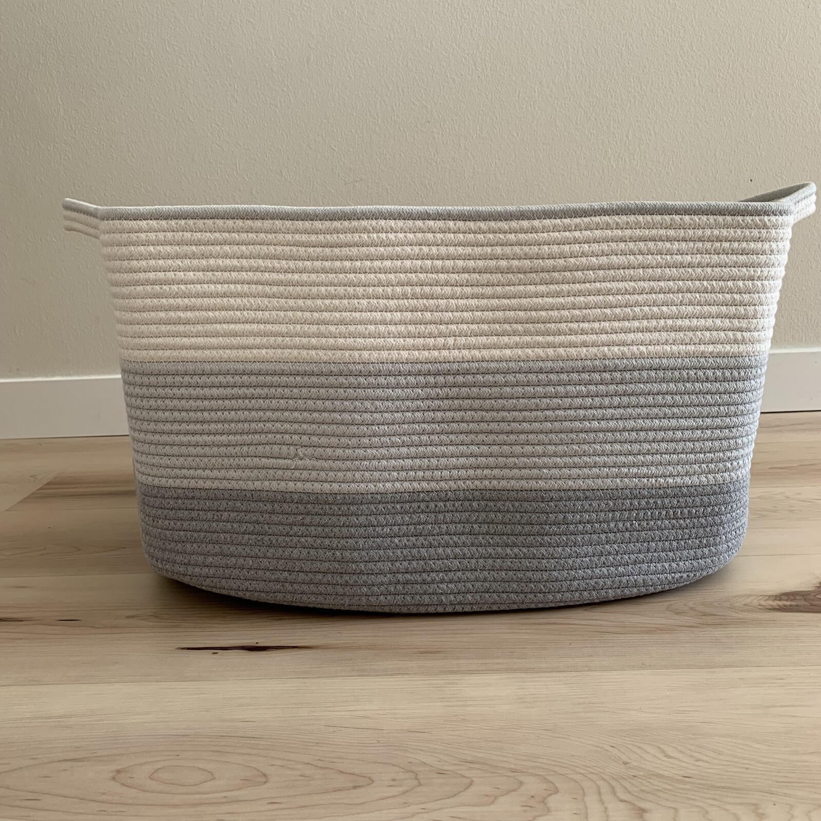 Large gray & white cotton rope basket, blanket basket, storage basket, laundry gallery