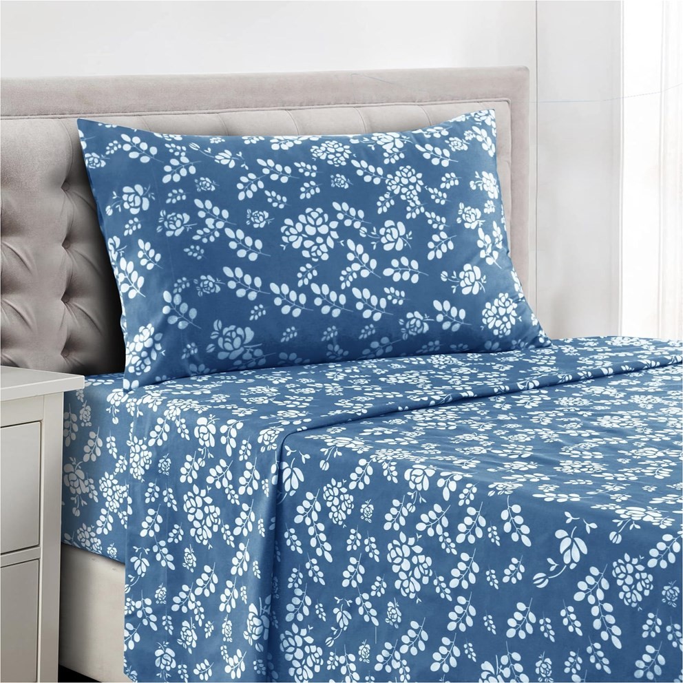 LUX Décor Floral Twin Sheet Set - 3 Piece Ultra-Soft Microfiber - Navy Blue gallery