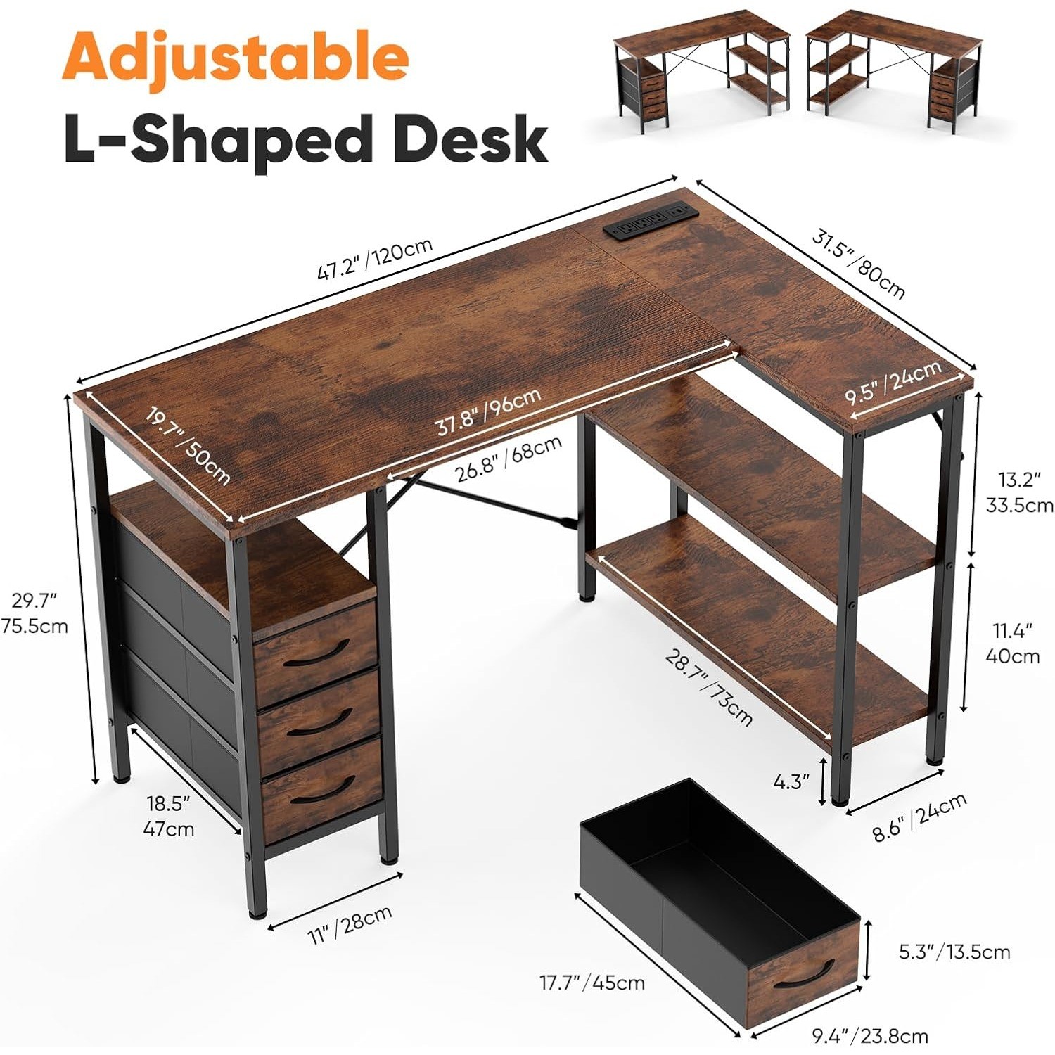 L Shaped Desk with Shelf Drawers Corner Computer Desks Gaming and Power Outlet gallery