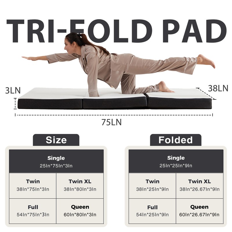 3 inch Folding Mattress Tri-Fold Memory Foam Mattress Topper with Washable Cover gallery