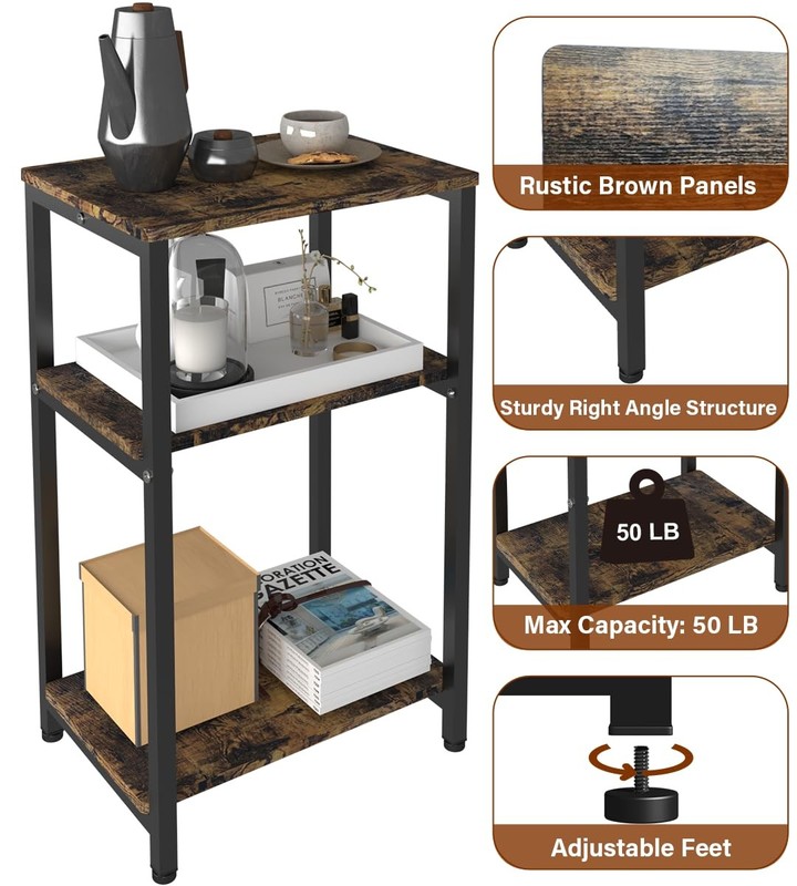 3 Tier Side Table Rustic Brown Black Narrow Nightstand End Table with Shelves gallery