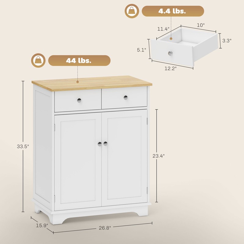 Kitchen Storage Cupboard Organizer Cabinet w/2 Drawers & Adjustable Shelf, White gallery