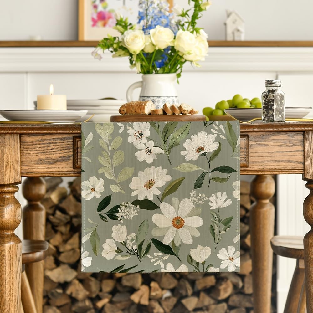 Olive Green 210 GSM 60x140 Spring Table Runner with Daisy Flowers Decorative gallery