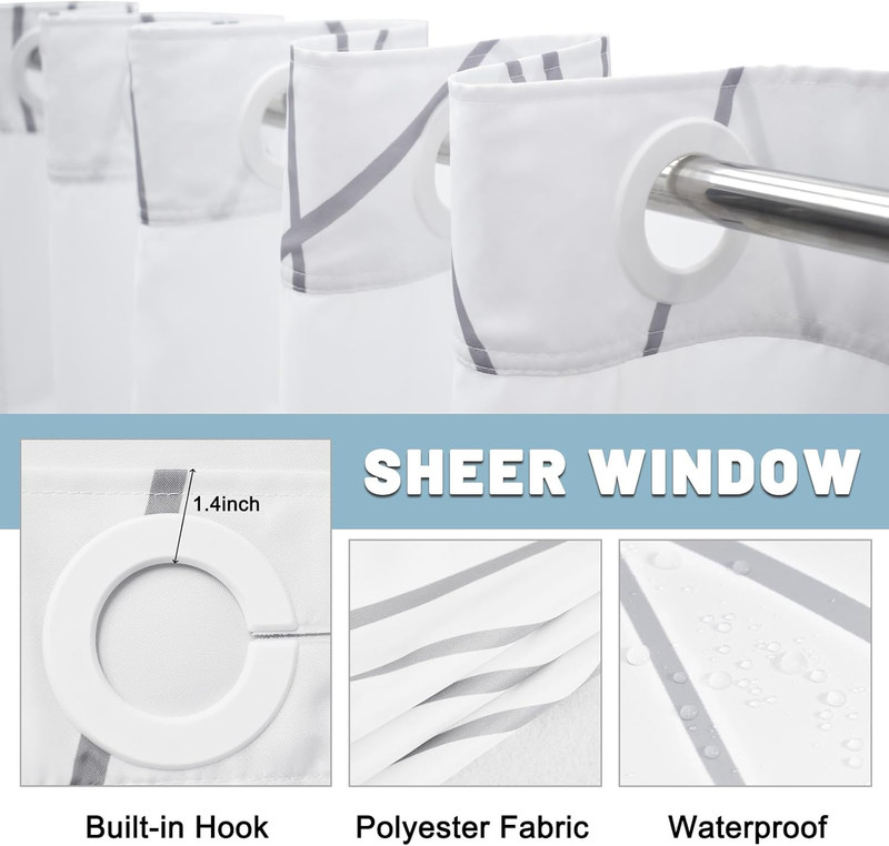 No Hook Grey White Striped Shower Curtain with Snap in Fabric Liner Set - Hotel gallery