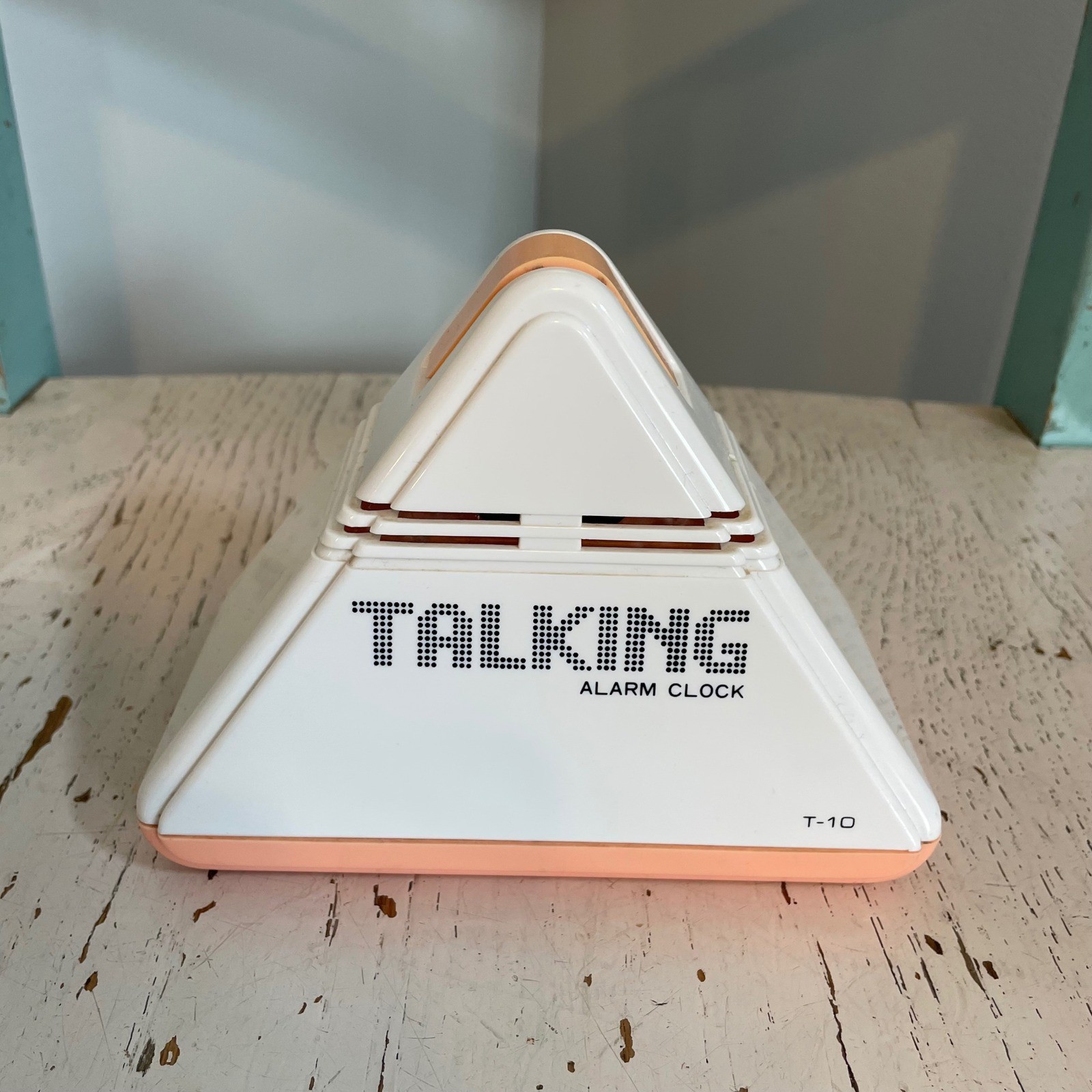 Vintage 80s Talking Alarm Clock T-10 Triangle Pyramid White Peach Retro Tested gallery