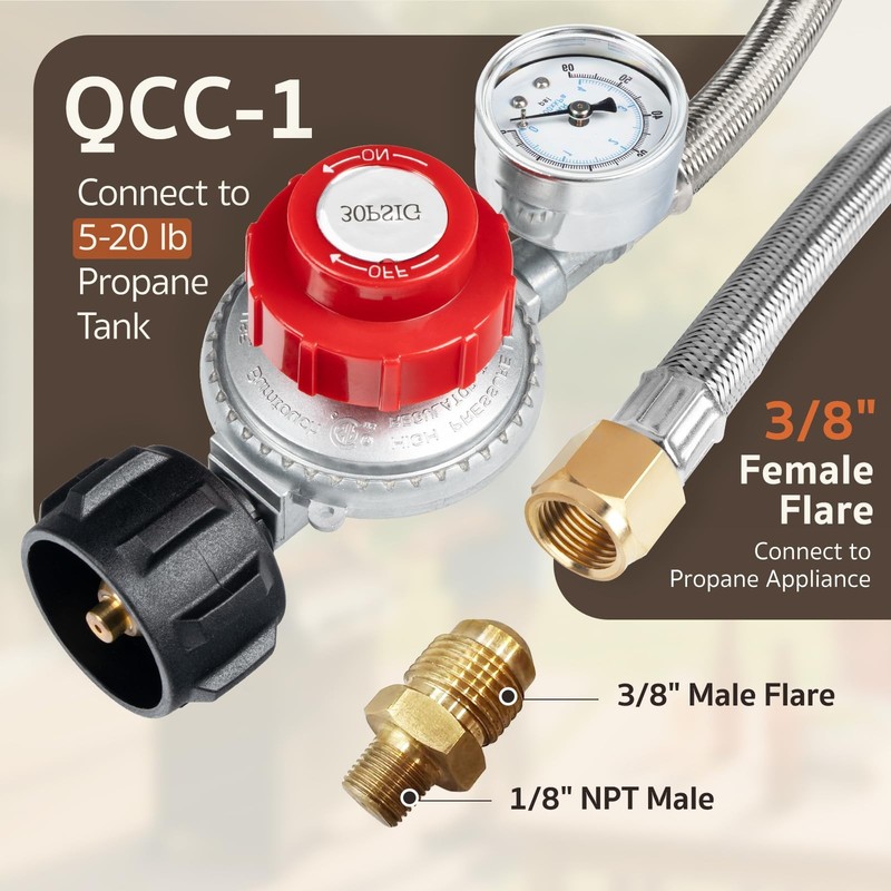 0-30 PSI Adjustable Propane Regulator, 5FT Stainless Braided Hose & Gauge for LP gallery