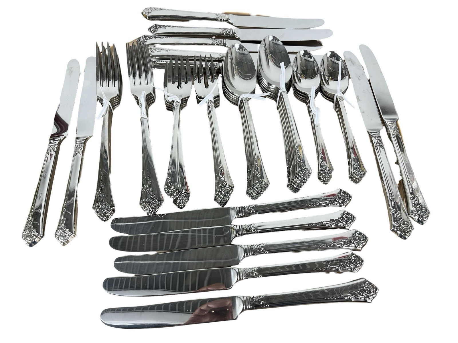 Oneida DAMASK ROSE Silver Stainless Cube Flatware Service 14 Equals 69 Pieces gallery