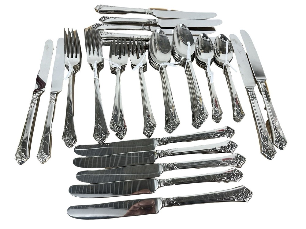 Oneida DAMASK ROSE Silver Stainless Cube Flatware Service 14 Equals 69 Pieces