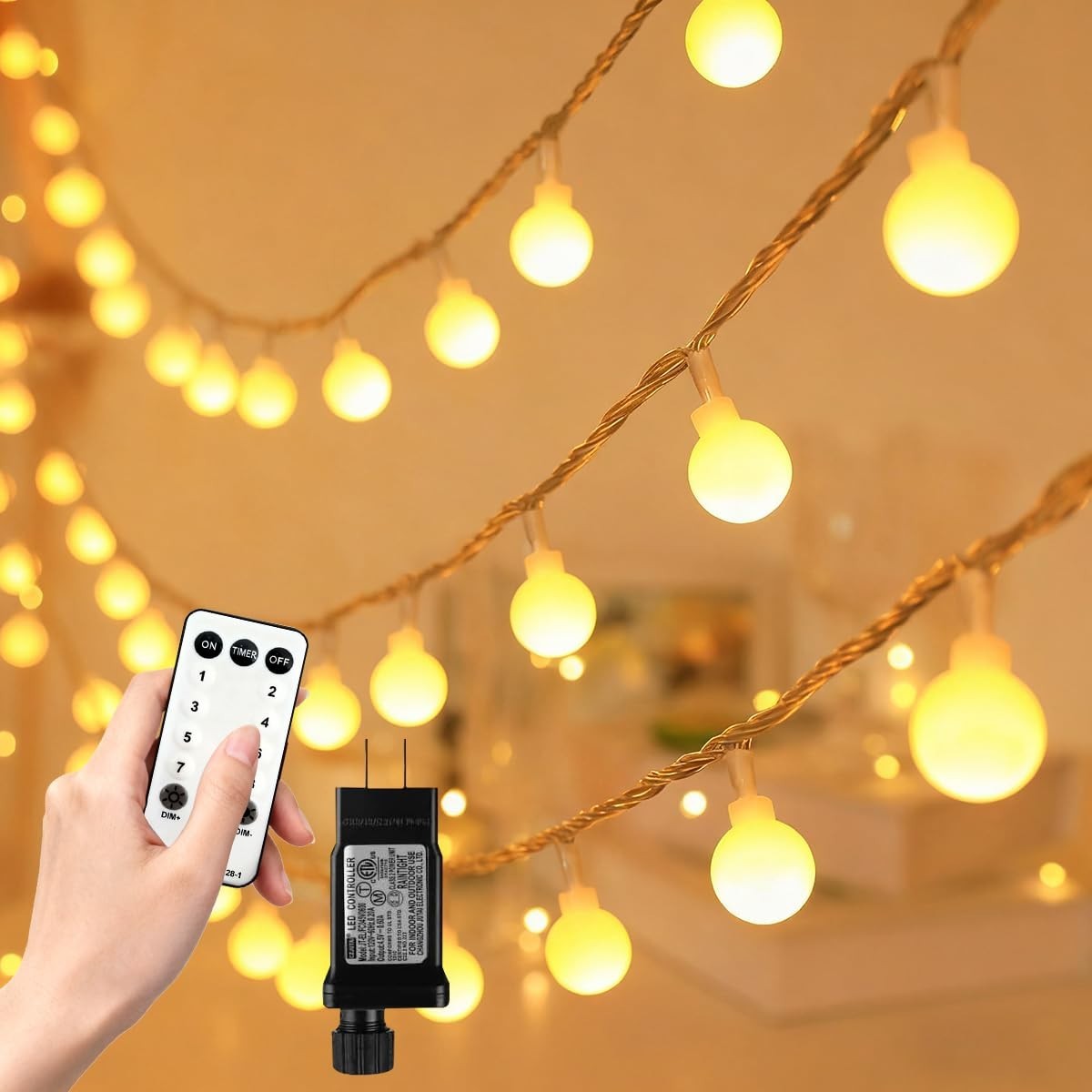 49.2ft Globe String Lights - 100 LED Warm White, Remote, 8 Modes, IP44 Waterproo gallery
