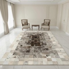 Luxury Cowhide Patchwork Area Rug Grey White Leather Living Room Carpet