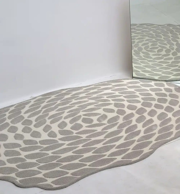 Modern Leaf Pattern Area Rug 5x8FT Irregular Shape Hand Tufted Carpet Gray Crea gallery