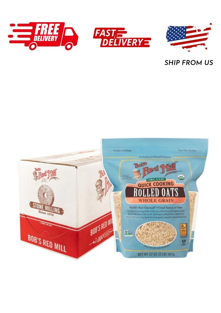 (4 pack) Bob's Red Mill Organic Quick Cooking Rolled Oats, 32 oz Shelf-Stable Ba