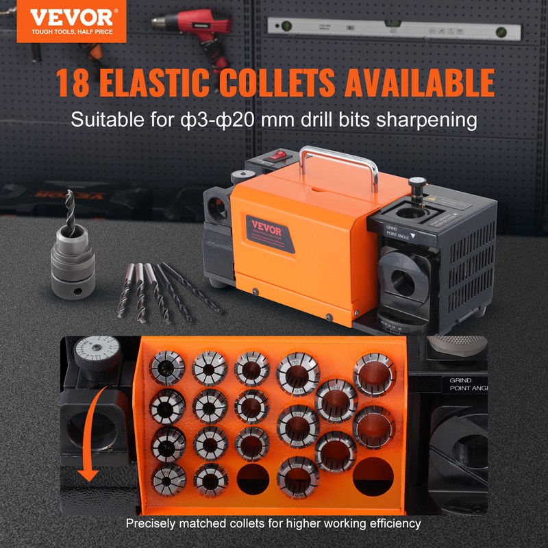 VEVOR MR-20G Drill Bits Sharpener 3-20mm Bits Grinder Sharpener & 18 Collets gallery