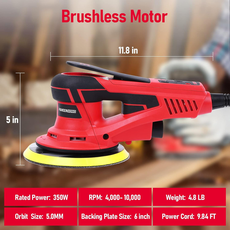 Electric Random Orbital Sander, Brushless Motor, Powerful 350W & Low Vibration gallery