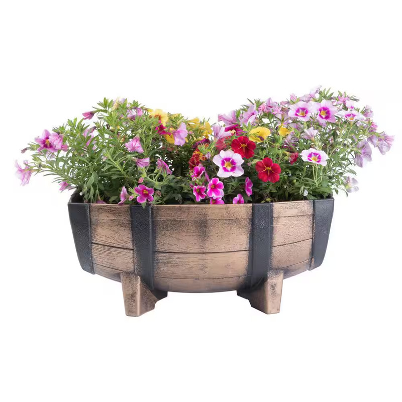 Rustic Wood-Look Plastic Half Barrel Flower Pot Garden Planter (Pack of 2) gallery