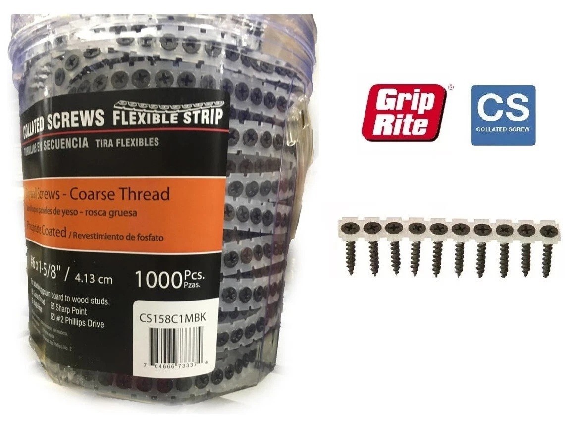 Grip Rite #6 x 1-5/8 in. Coarse Phosphate-Plated Collated Drywall Screw 1000 Ct gallery