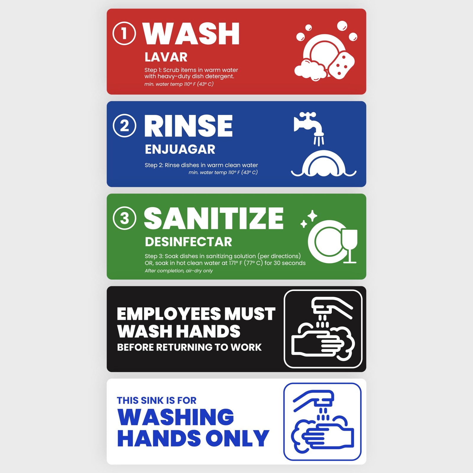 Enhanced Wash Rinse Sanitize Sink Labels, Hand Wash Only, and Employee Must W... gallery