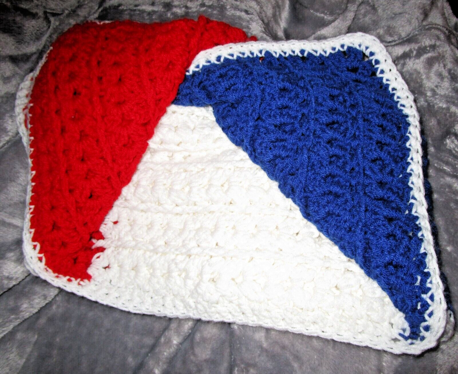 Vtg Handmade Red White & Blue Colorblock Crochet Wheelchair Lap Blanket 40x47 gallery