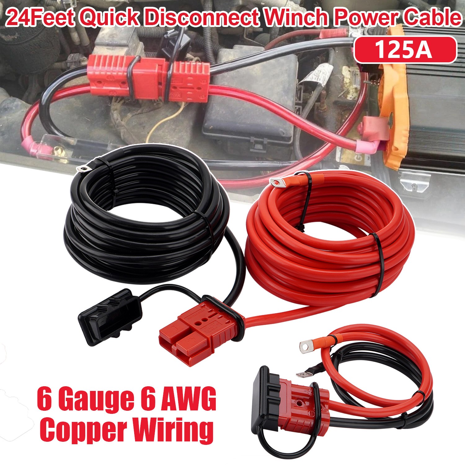 24 FT Quick Disconnect Winch Power Cable, 6 Gauge 6 AWG Wiring For Winch Trailer gallery
