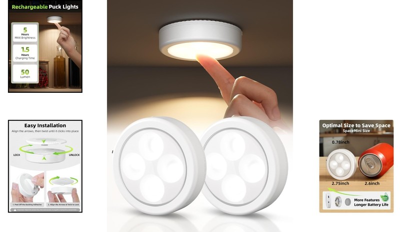 Compact Touch Activated LED Puck Lights - Rechargeable, 3 Color Modes, 2 Pack gallery