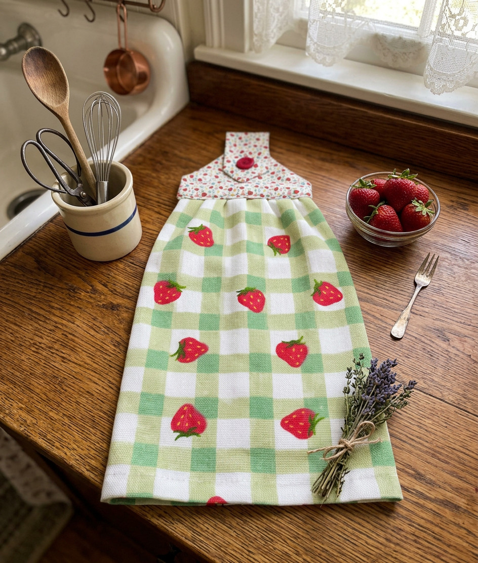 Handmade Strawberries Dishtowel on Green Gingham Plaid Cotton Towel gallery