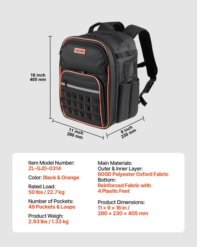 VEVOR Tool Backpack 49 Pockets Tear-resistant Jobsite Backpack for Electrician gallery