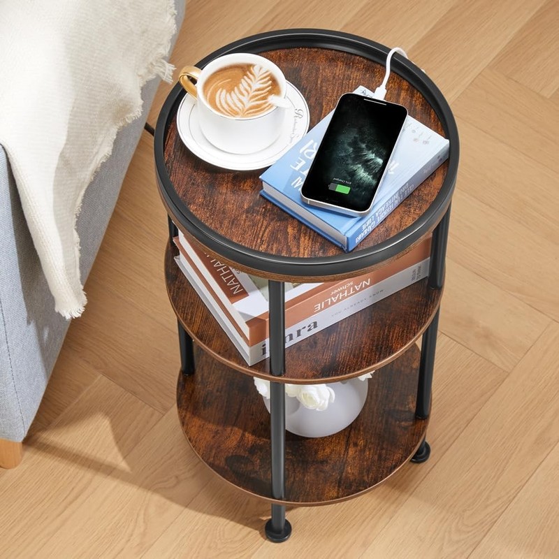 Small Round Side Table W/ Charging Station Small Spaces 3-Tier Round Accent gallery